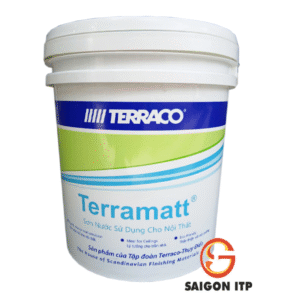 a white bucket with blue and green label