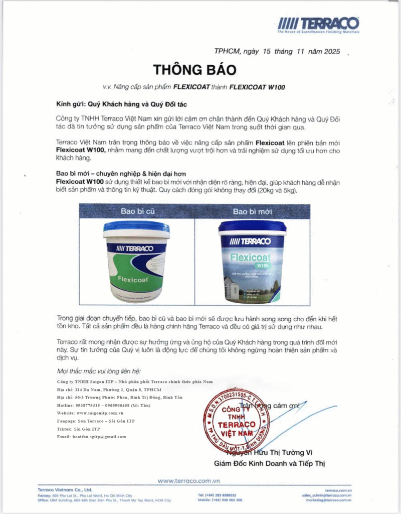 Thông báo nâng cấp bao bì sản phẩm sơn chống thấm Terraco Flexicoat W100
