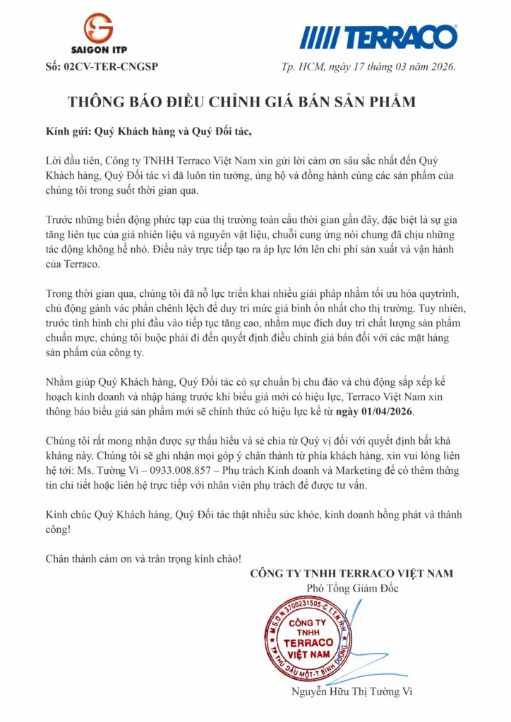 Thông báo điều chỉnh giá sản phẩm Terraco - cập nhật mới nhất 2026